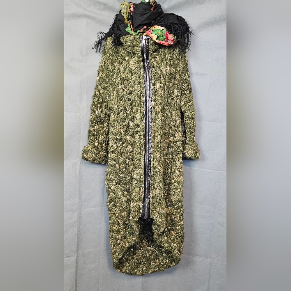 Vintage Wool Cozy Cable Knit Cocoon Coat with Leather Trim